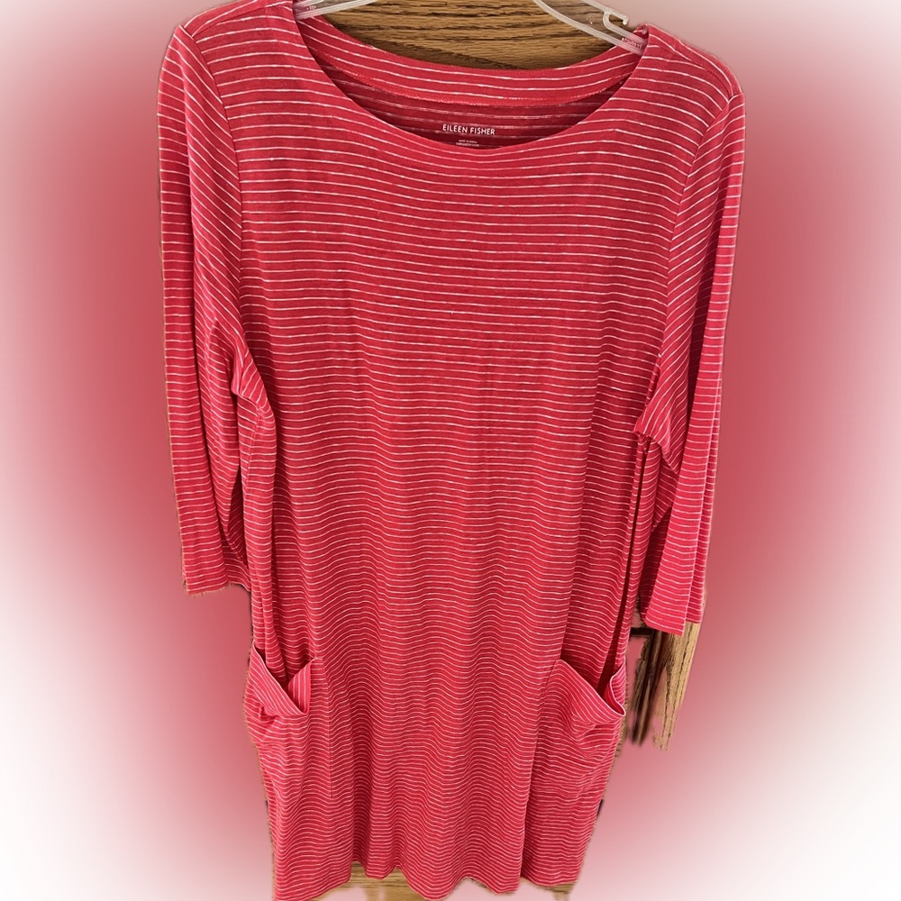 Eileen Fisher Women’s Red Striped Long Sleeve Organic Linen Knit Dress